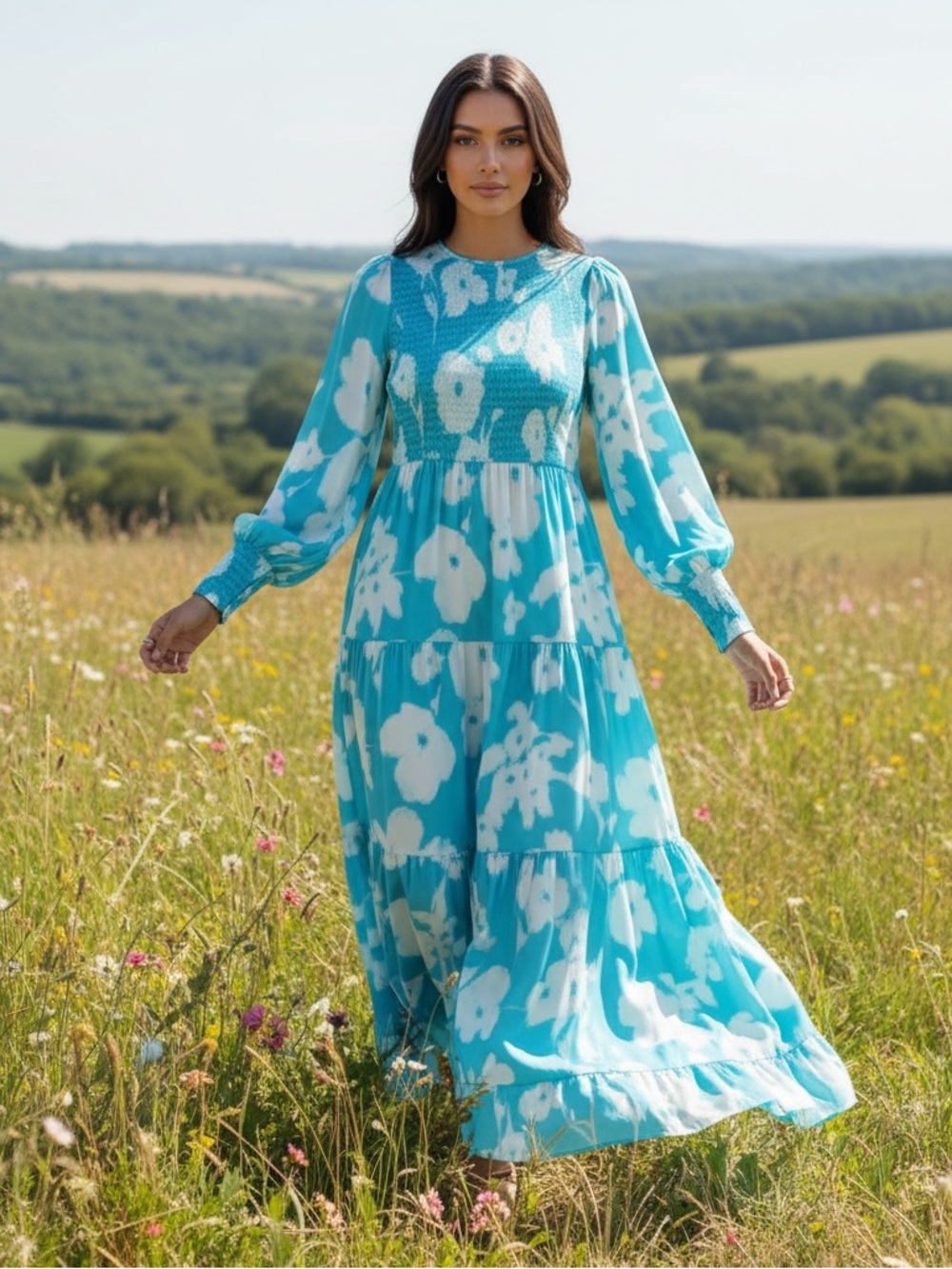 XS Tuckernuck Turquoise Watercolor Floral Libby Maxi Dress